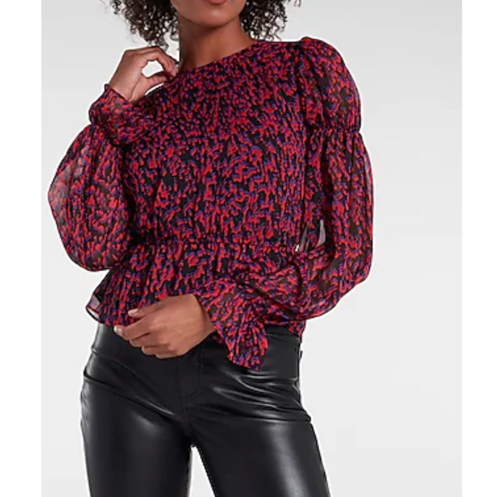 Printed Puff Sleeve Banded Bicep Peplum Top
